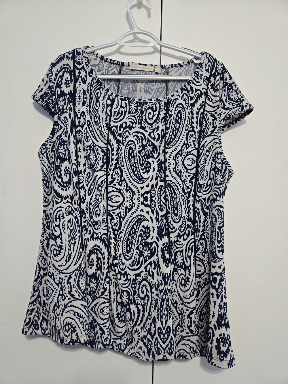 Maria Gabrielle Womens 2X Top Navy White Paisley Stretch Short Sleeve Blouse